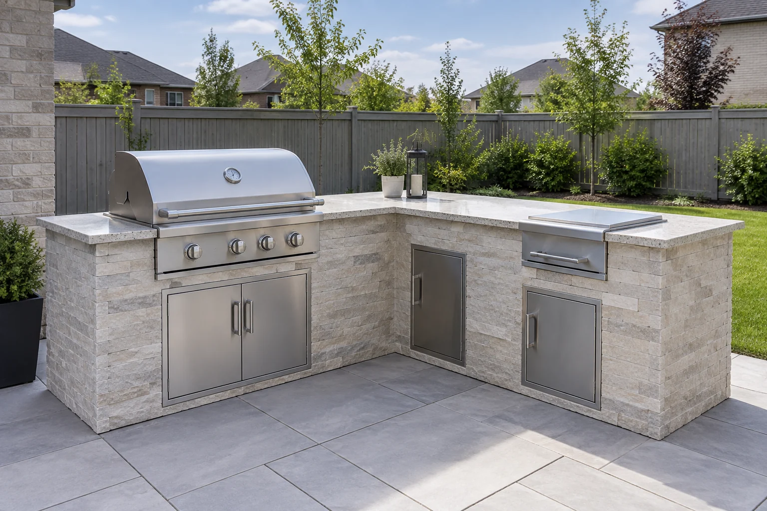 Built-in gas grill and covered side burner in a stone outdoor kitchen