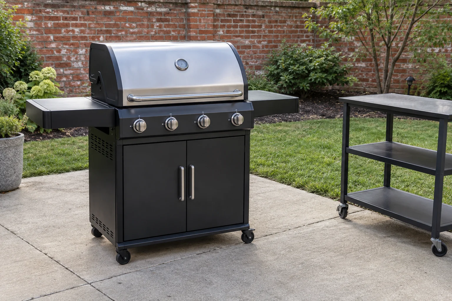 Freestanding gas barbecue on a concrete patio with space around the appliance