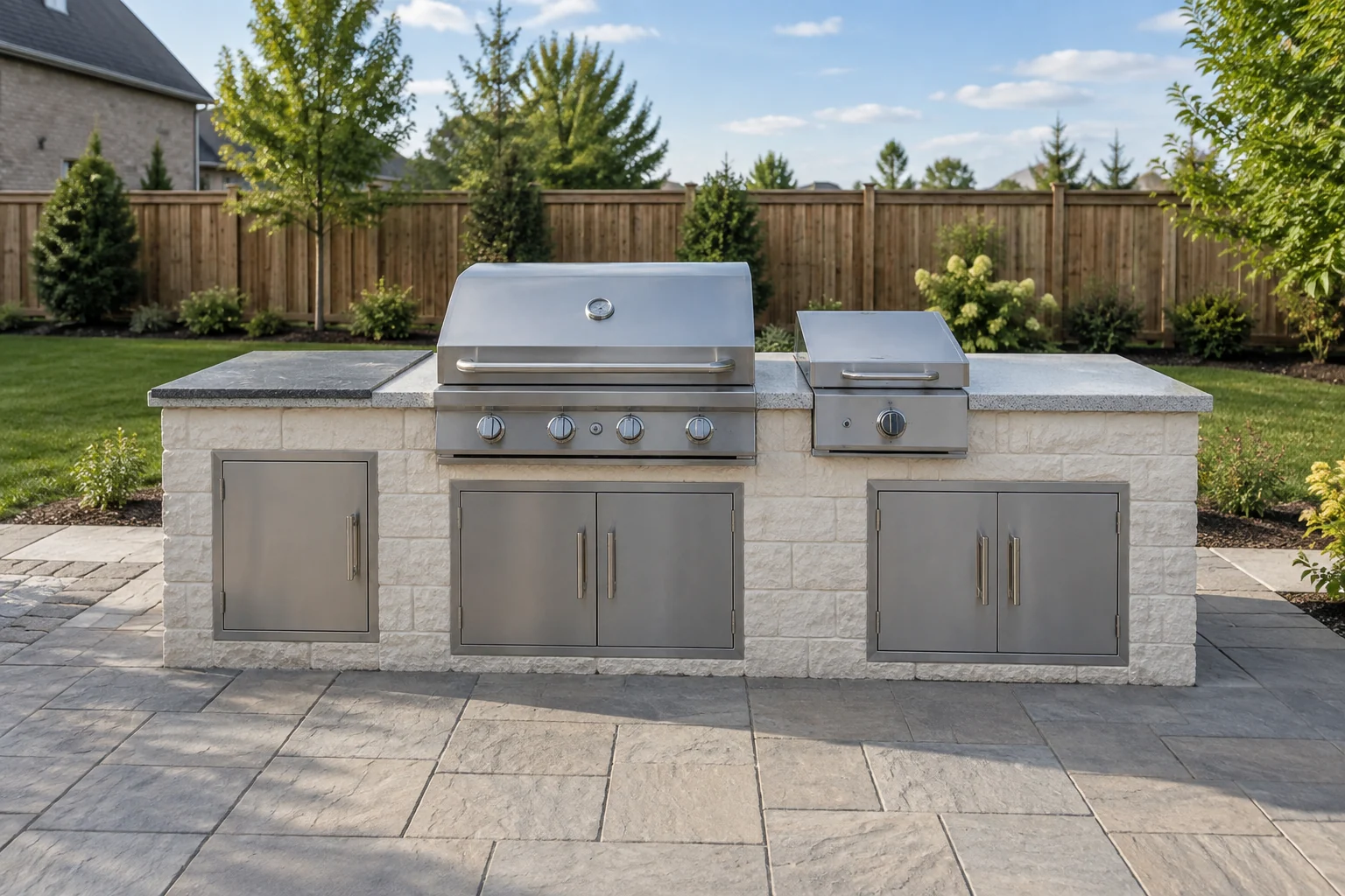 Outdoor cooking island with grill, side burner and closed access doors