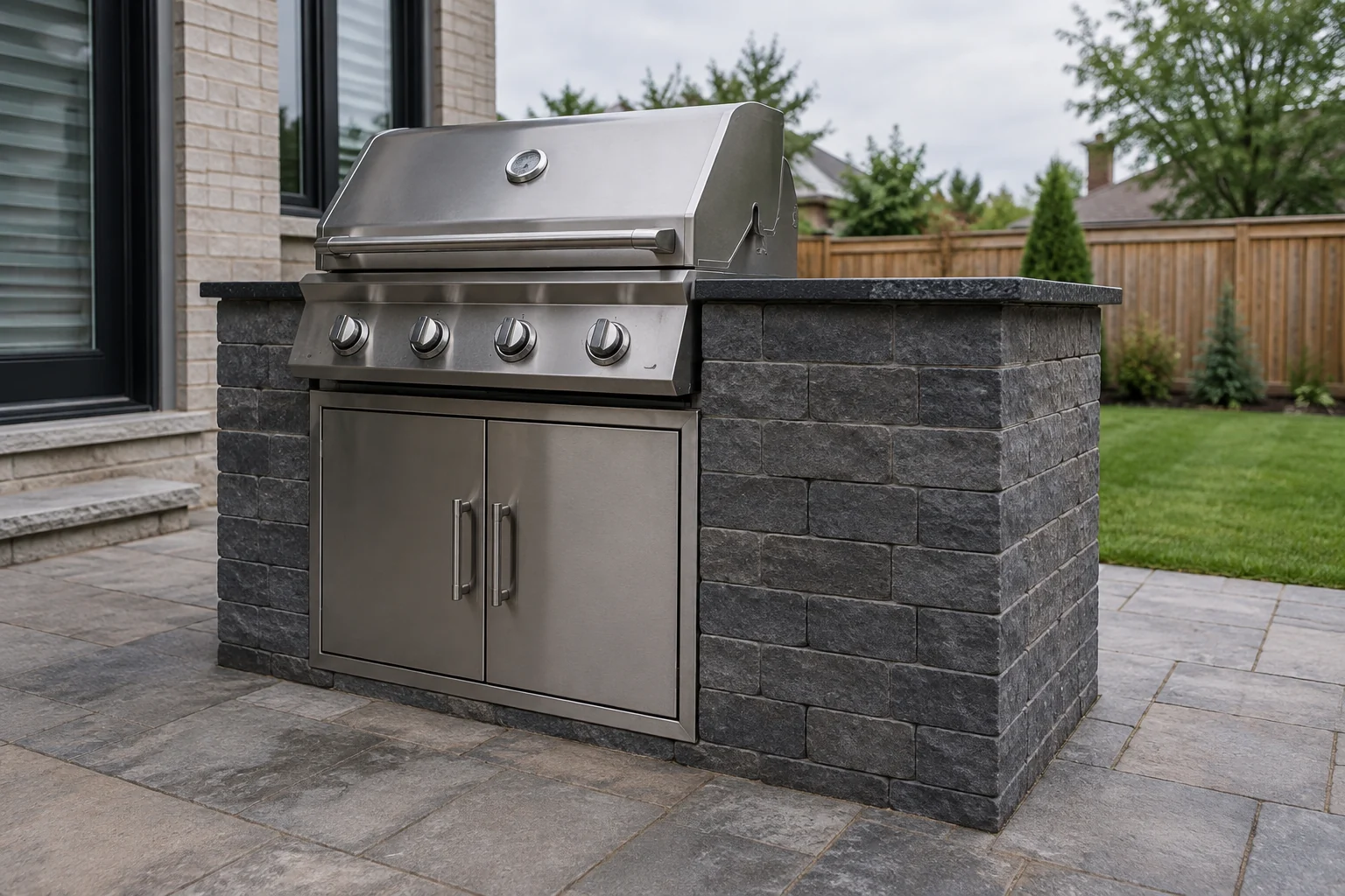Compact built-in gas barbecue with a side worktop and cabinet access doors
