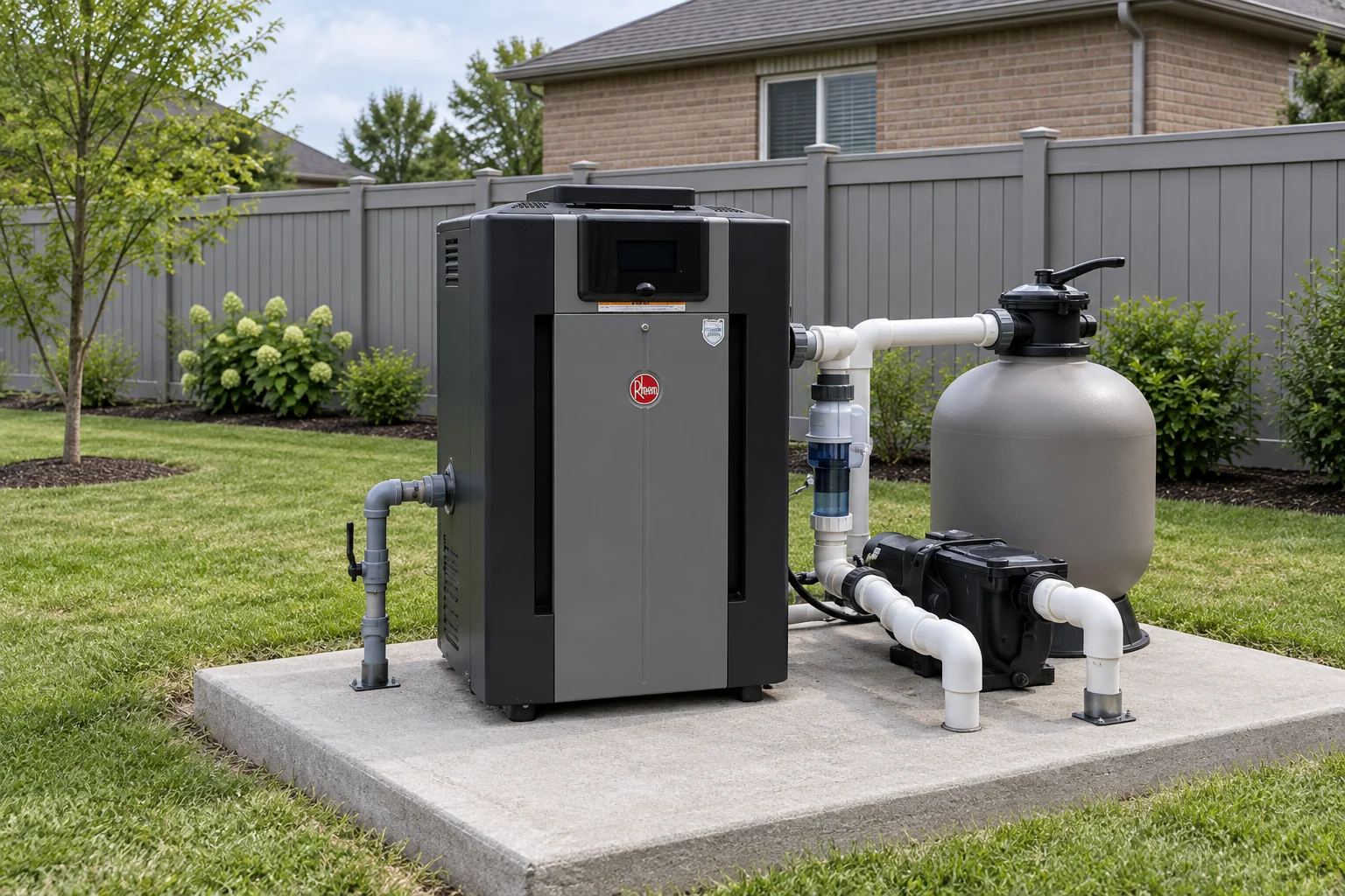 Closed gas pool heater on a concrete equipment pad with clear surrounding access