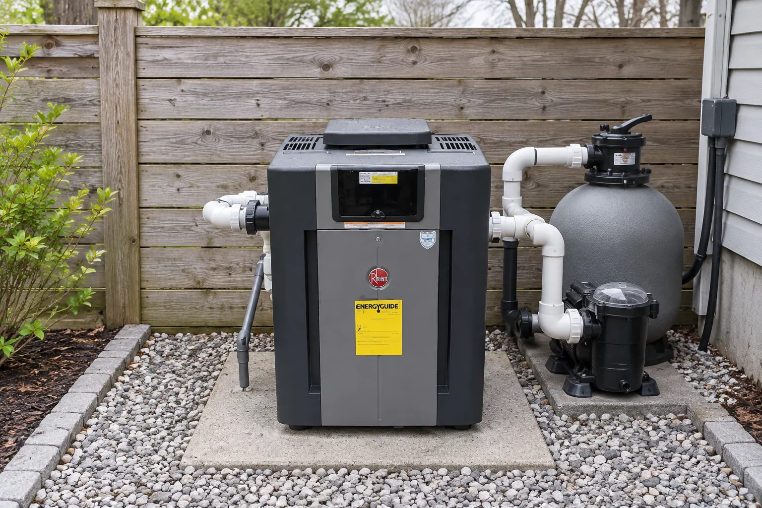 Gas pool heater and pool equipment on a tidy slab with room for service access