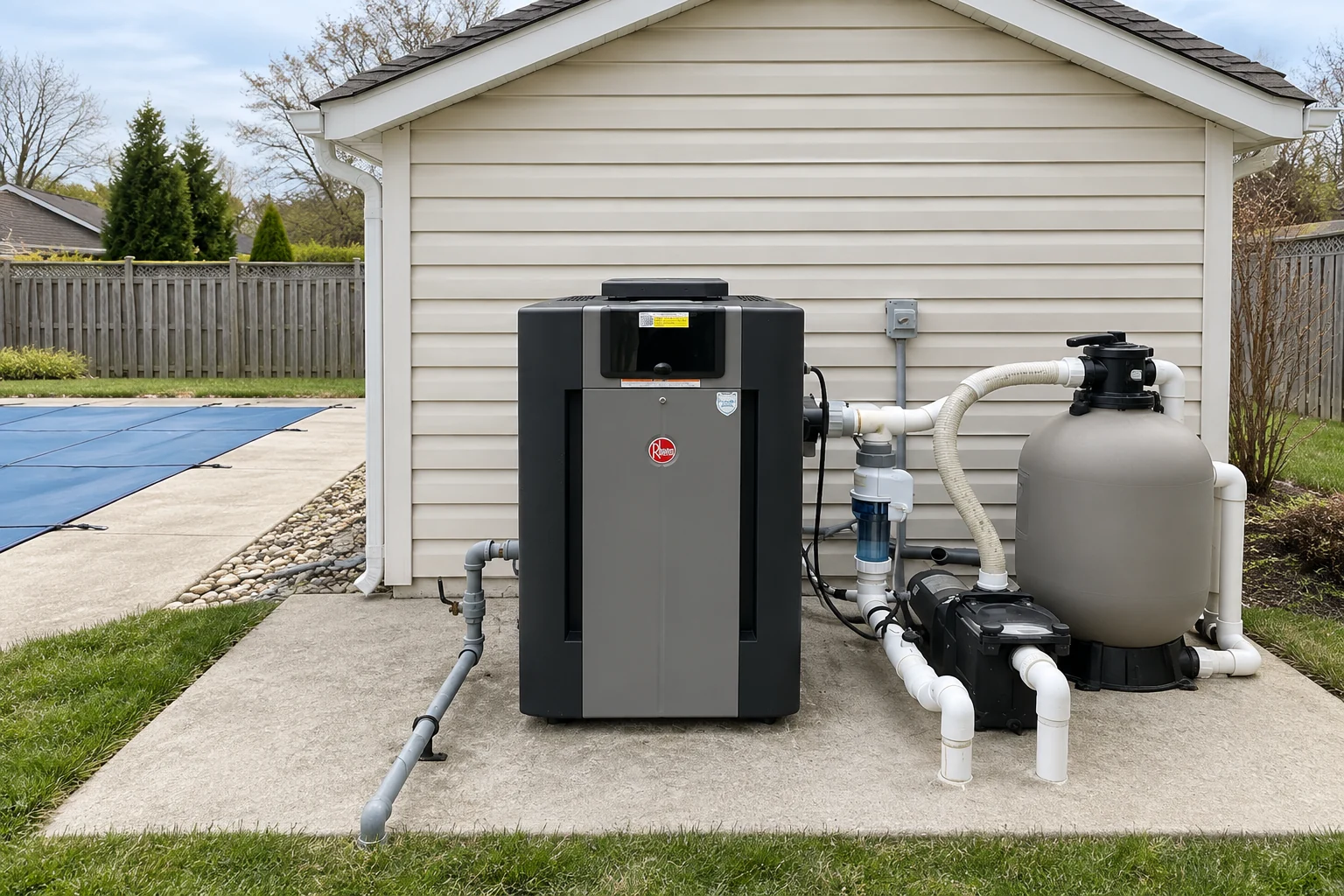 Gas pool heater beside a small pool shed with the full equipment pad visible