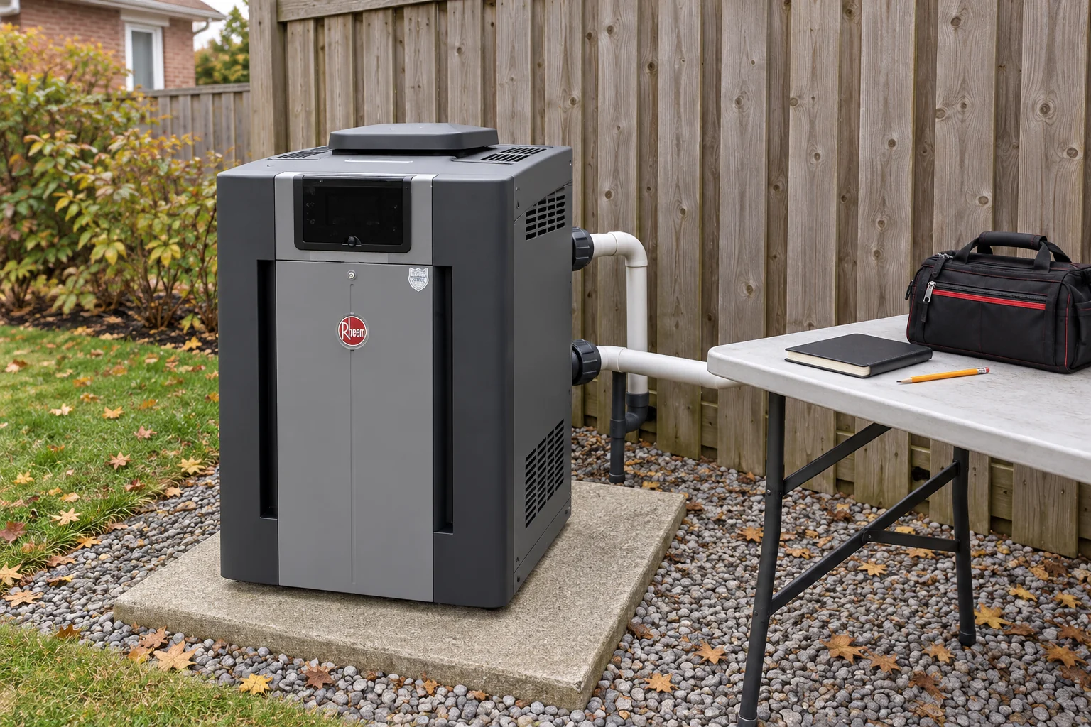 Closed pool heater with service-planning notes and tools beside a fenced equipment pad