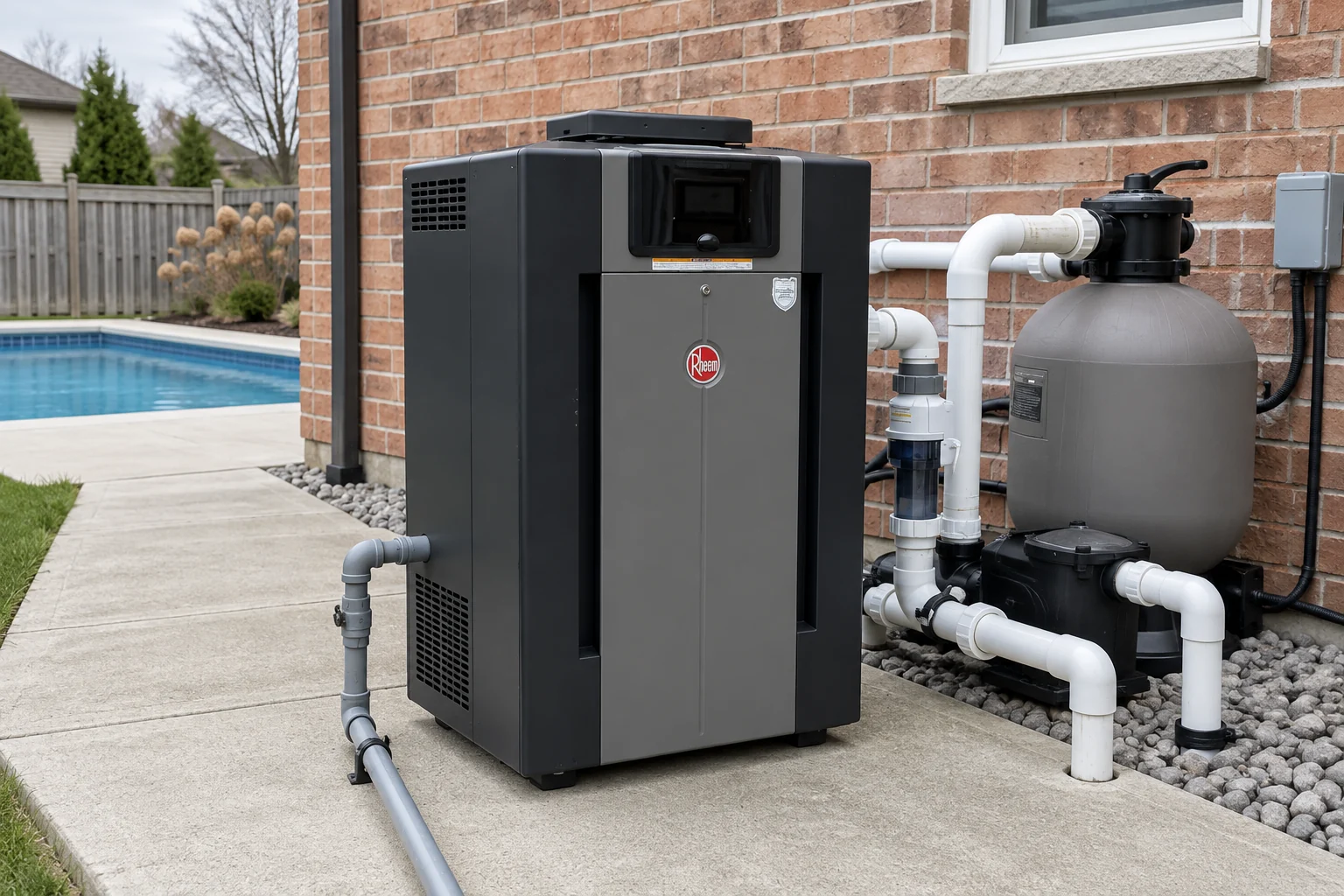 Closed gas pool heater beside pool plumbing and a brick exterior wall