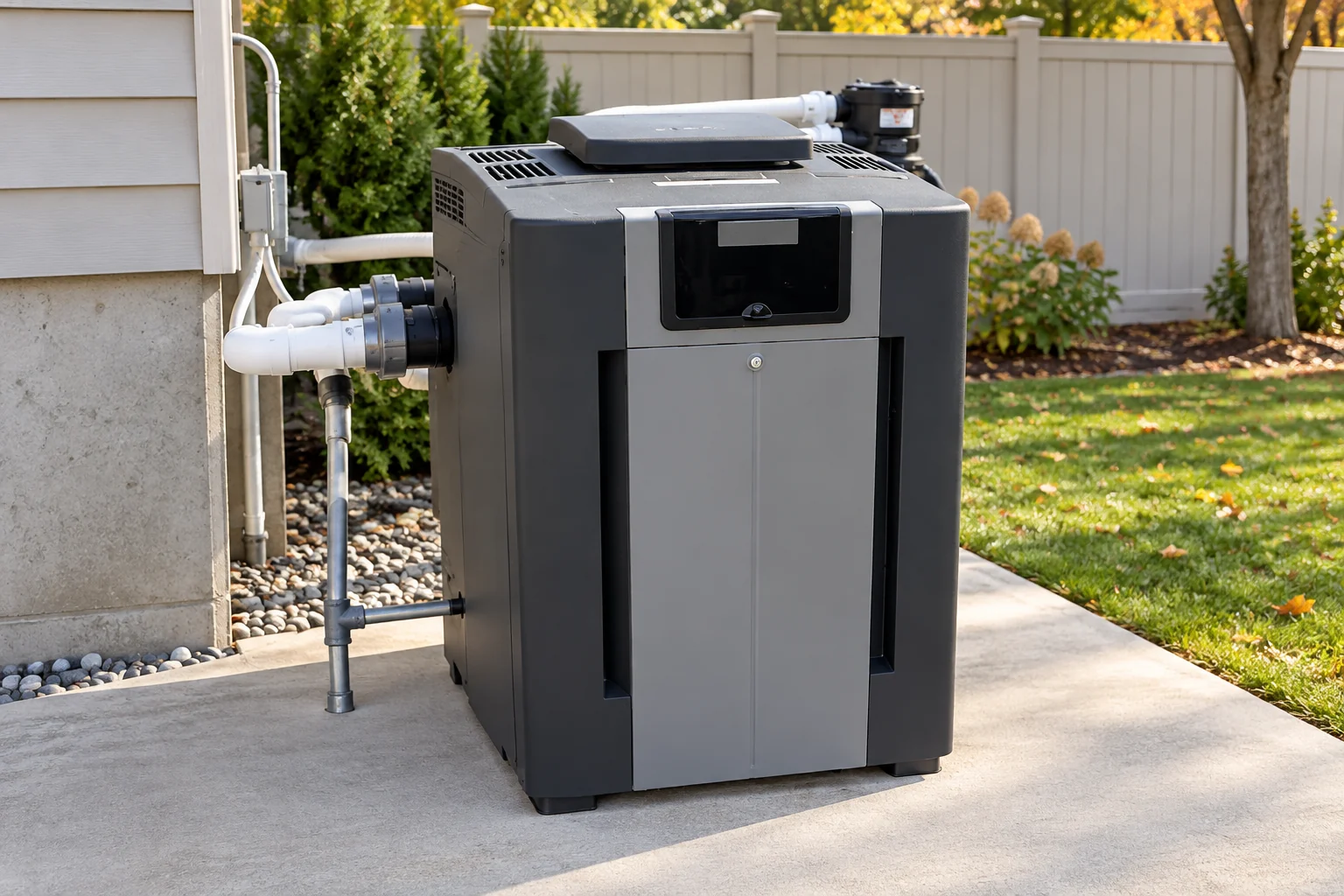 Gas pool heater with clear access on an uncluttered equipment slab