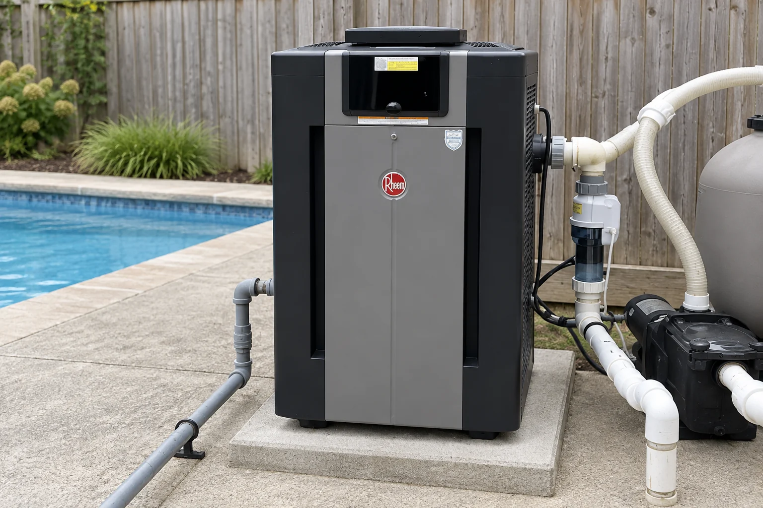 Front controls and complete closed cabinet of an outdoor gas pool heater