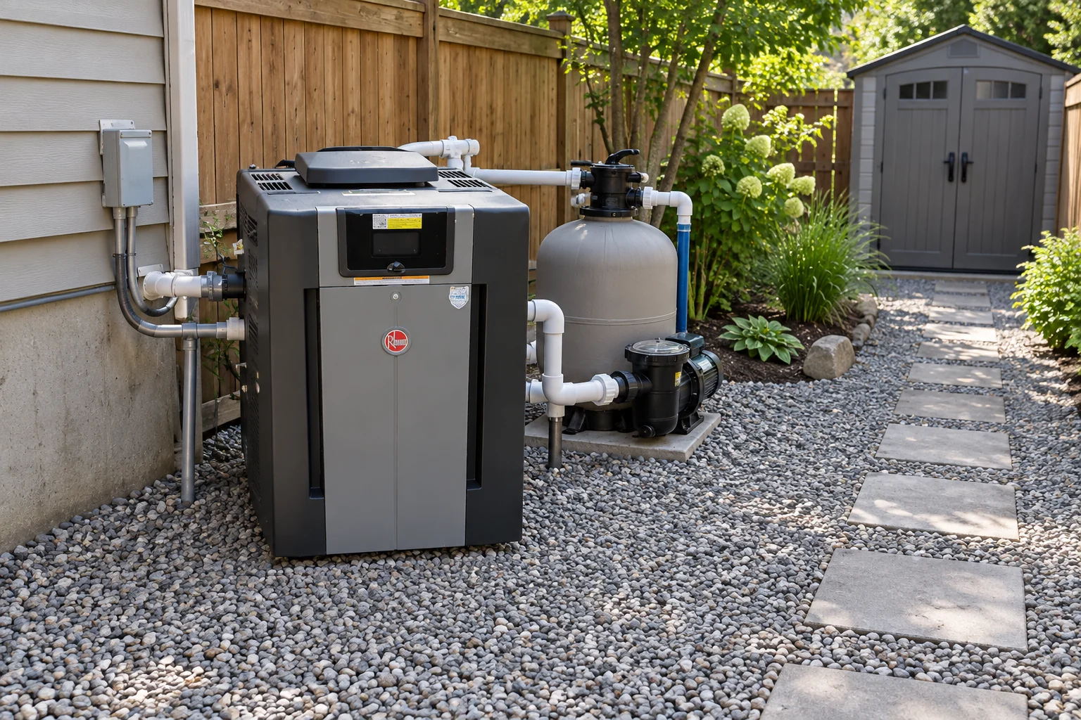 Gas pool heater, pump and filter with a clear approach to the equipment area