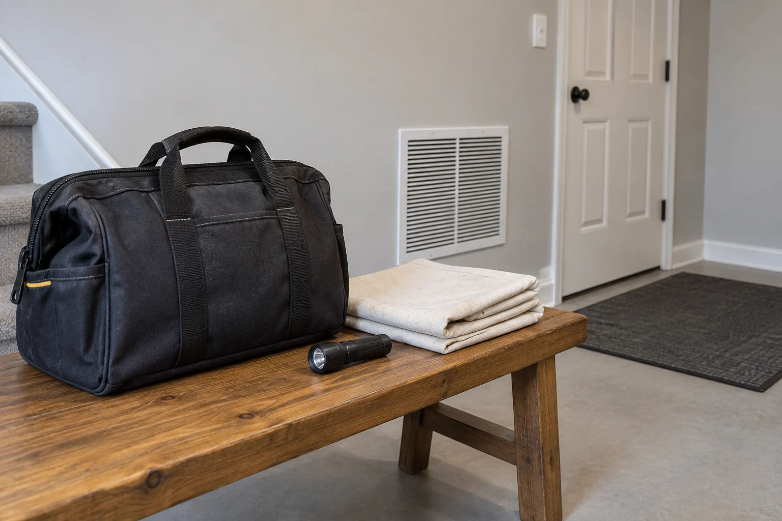 Prepared service bag and protected workspace for furnace replacement