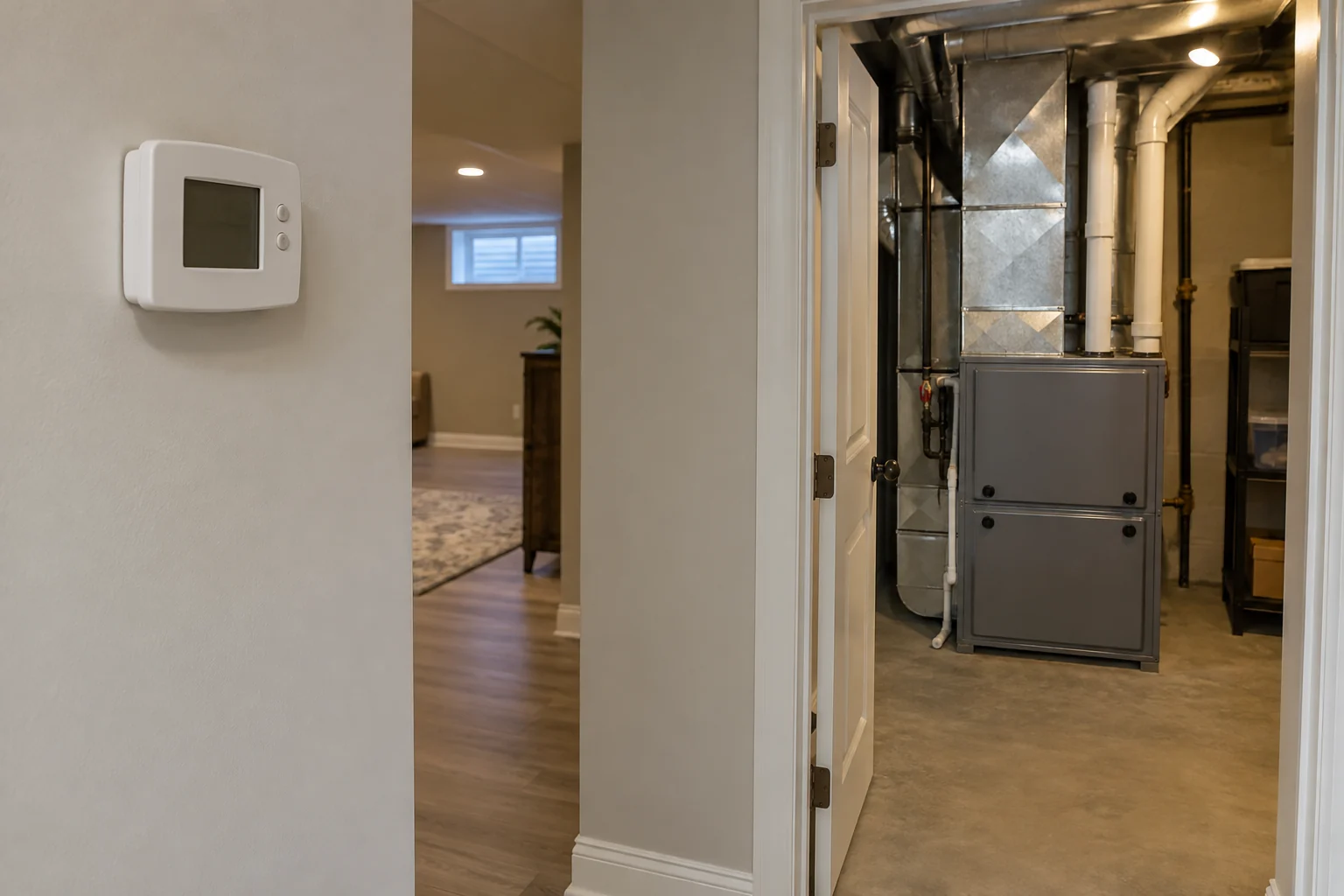 Closed gas furnace in a residential utility room