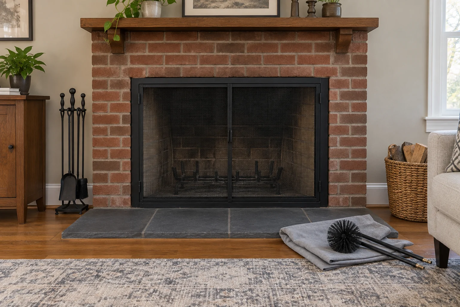 Unlit wood-burning fireplace prepared for chimney care