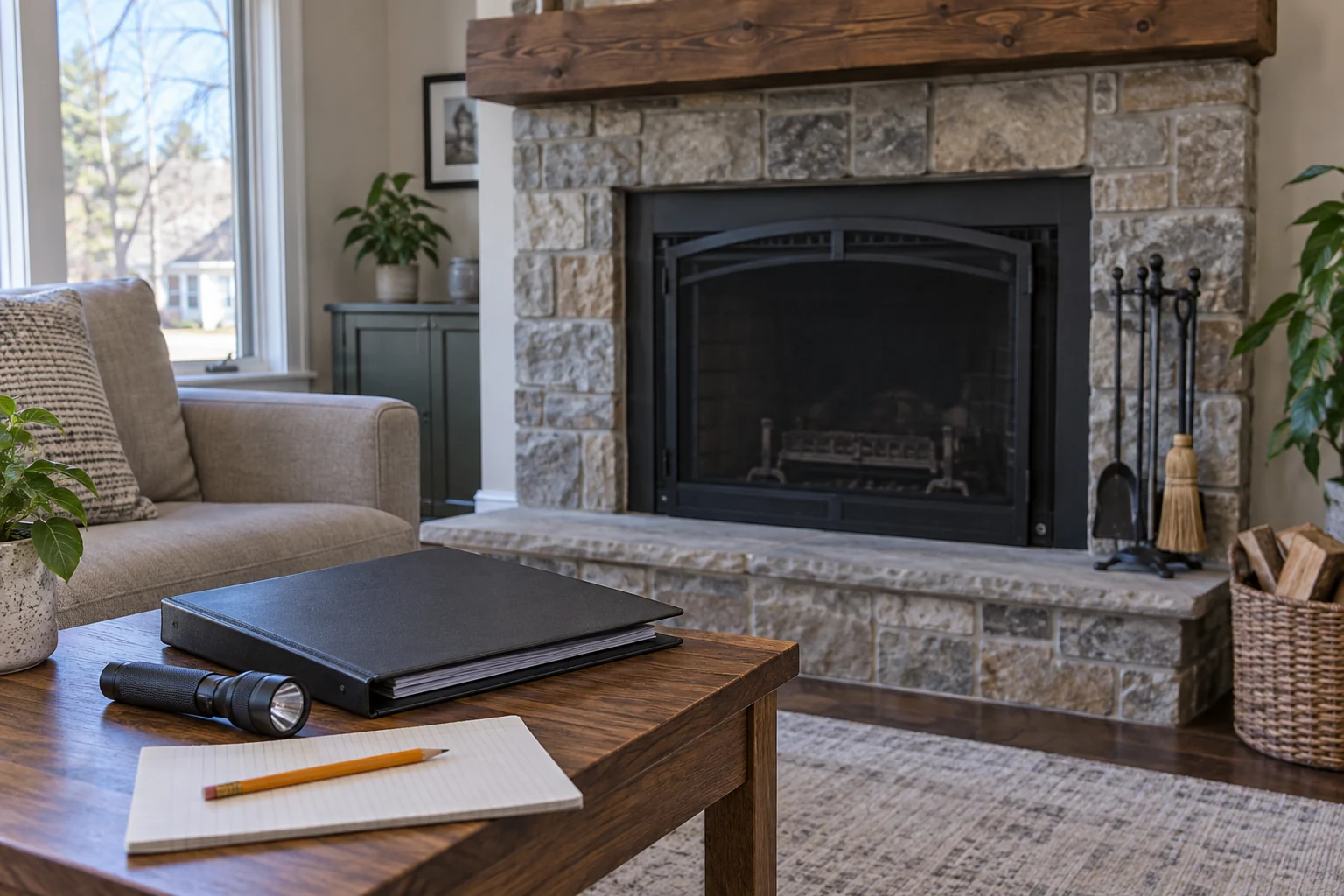 Inspection notes beside an unlit wood-burning fireplace