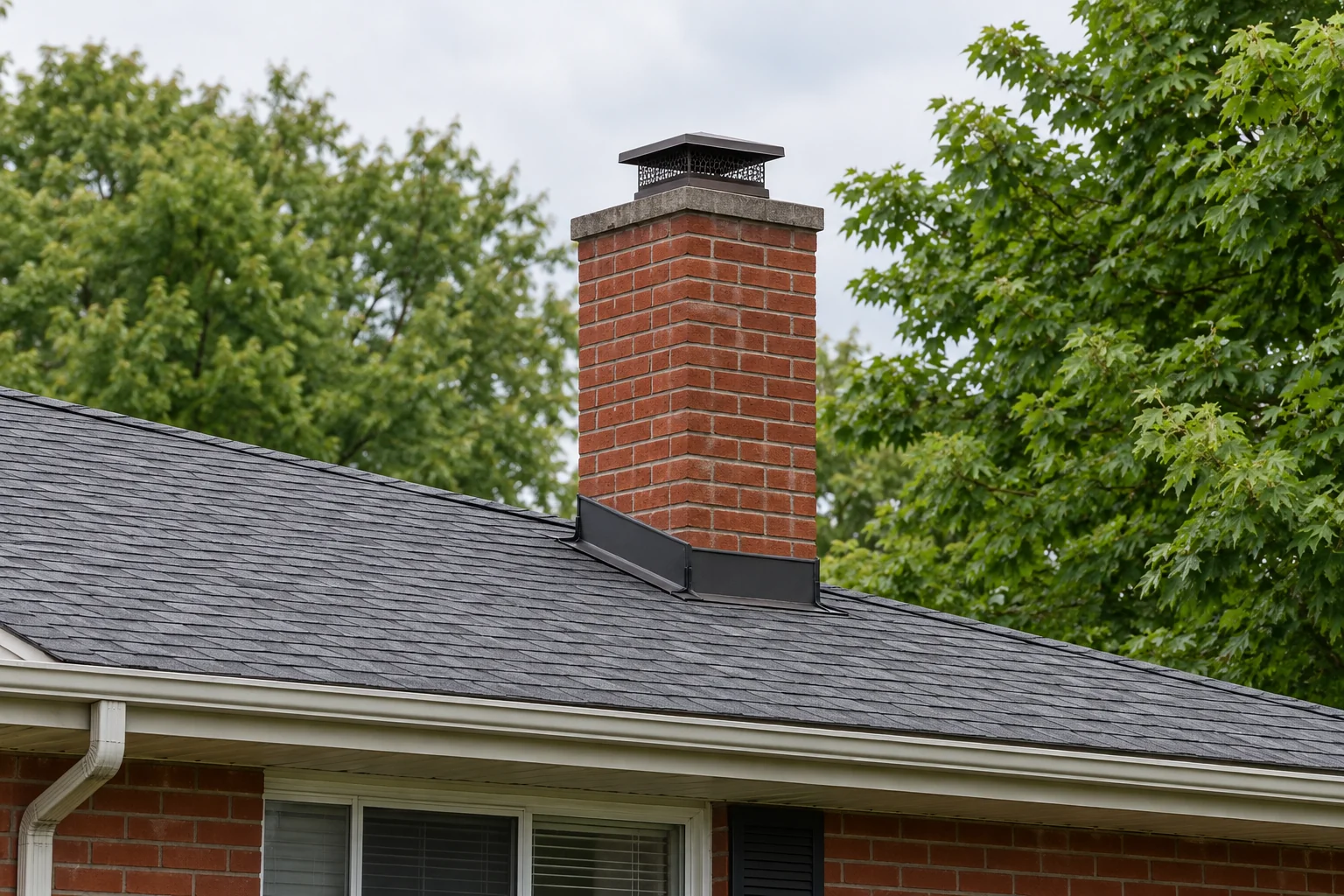 Masonry chimney and cap above an ordinary residential roof