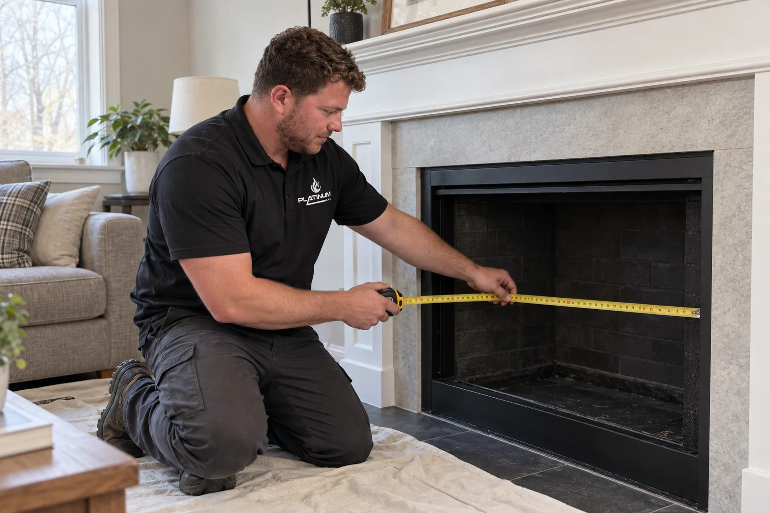 Reilly measuring a fireplace opening before installation planning