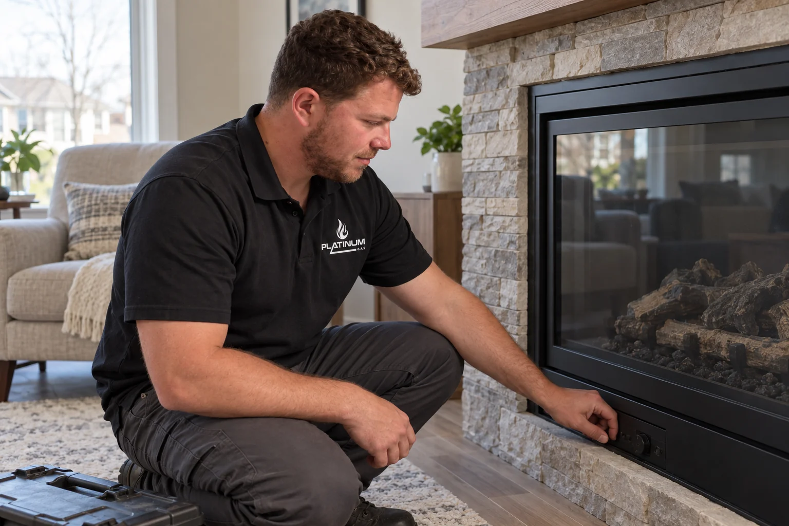 Reilly checking fireplace controls beside an unlit gas fireplace
