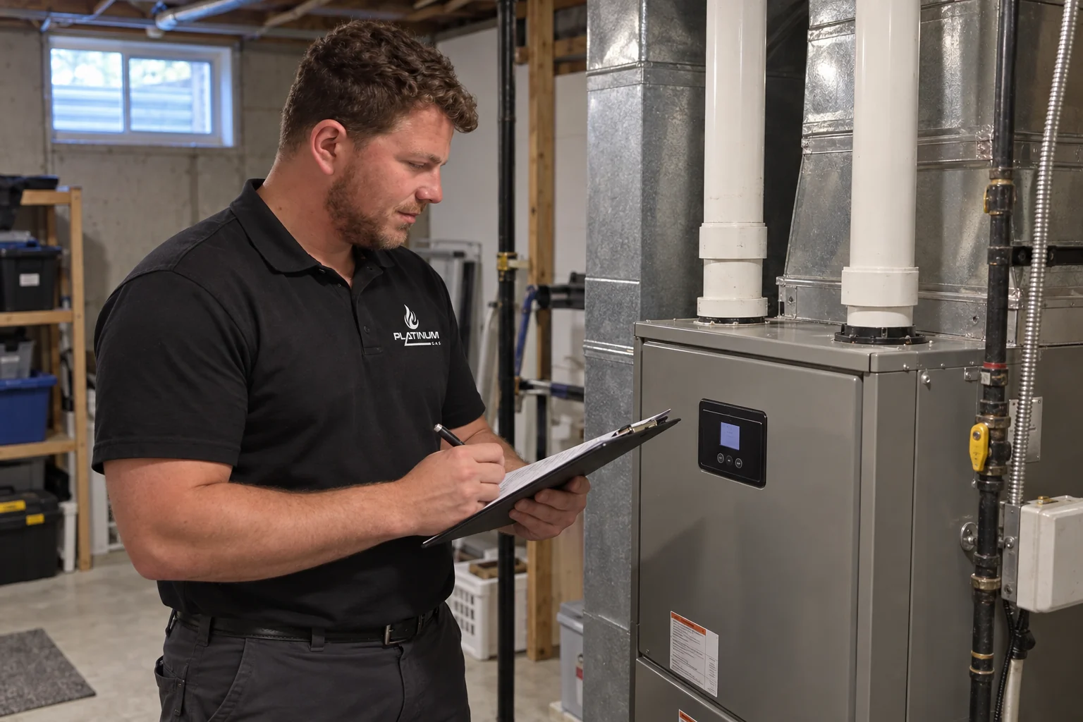 Reilly reviewing service notes beside a closed furnace