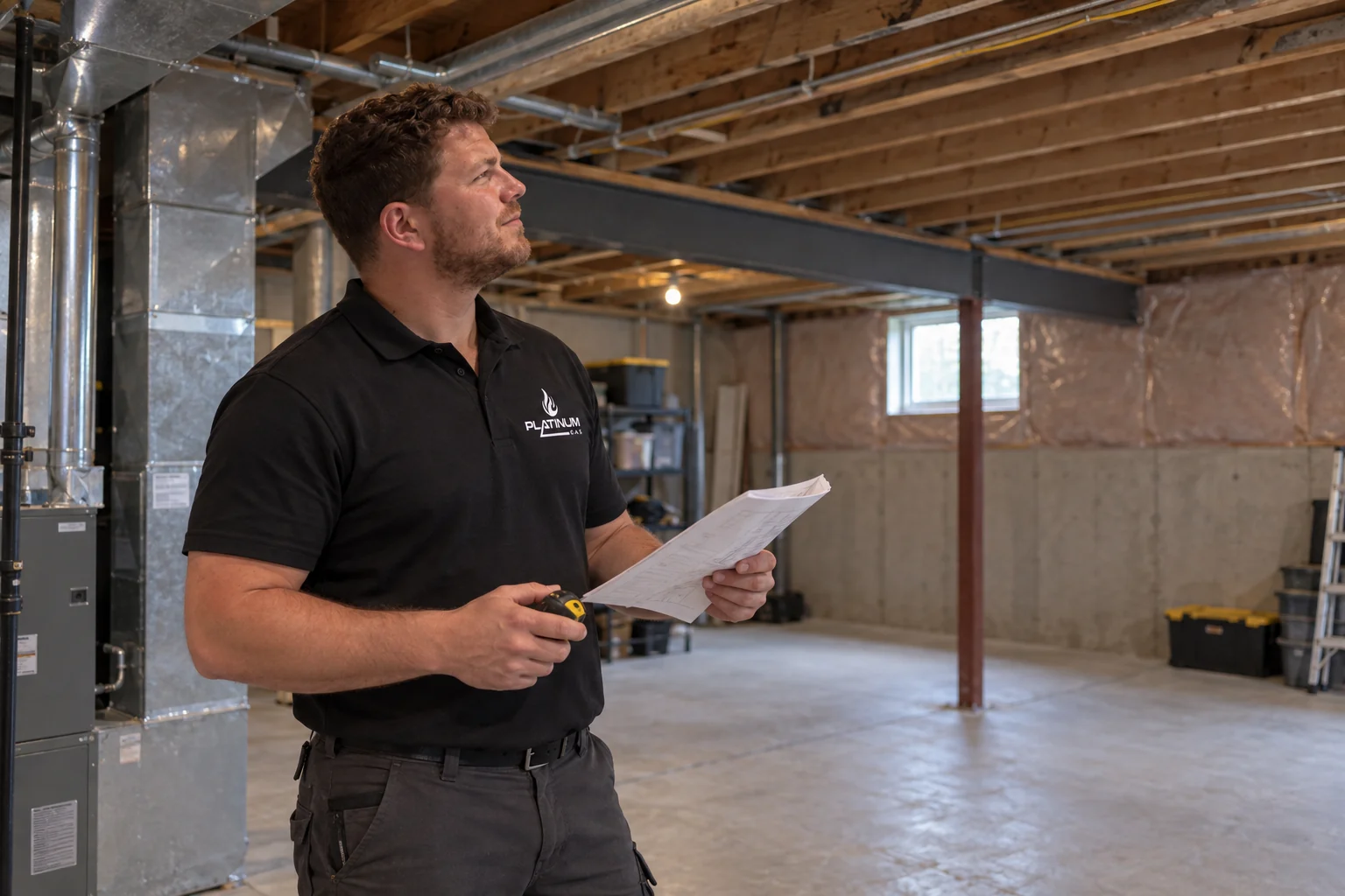 Reilly reviewing a planned gas-line route in a basement