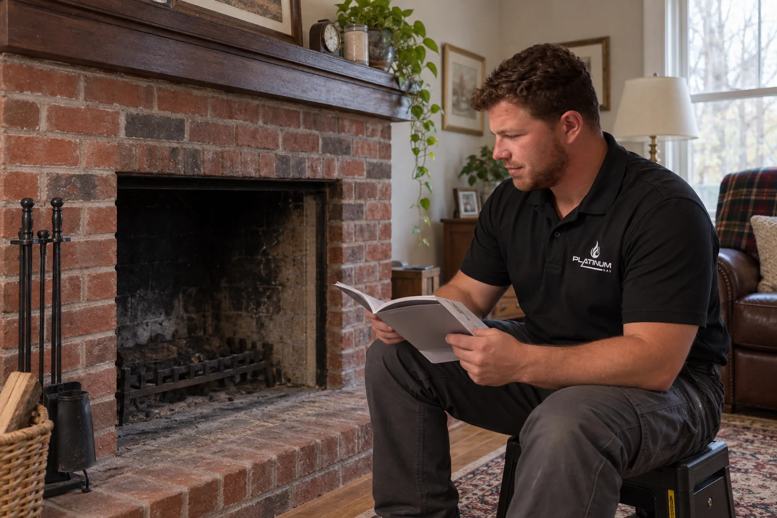 Reilly reviewing a fireplace opening for an insert conversion
