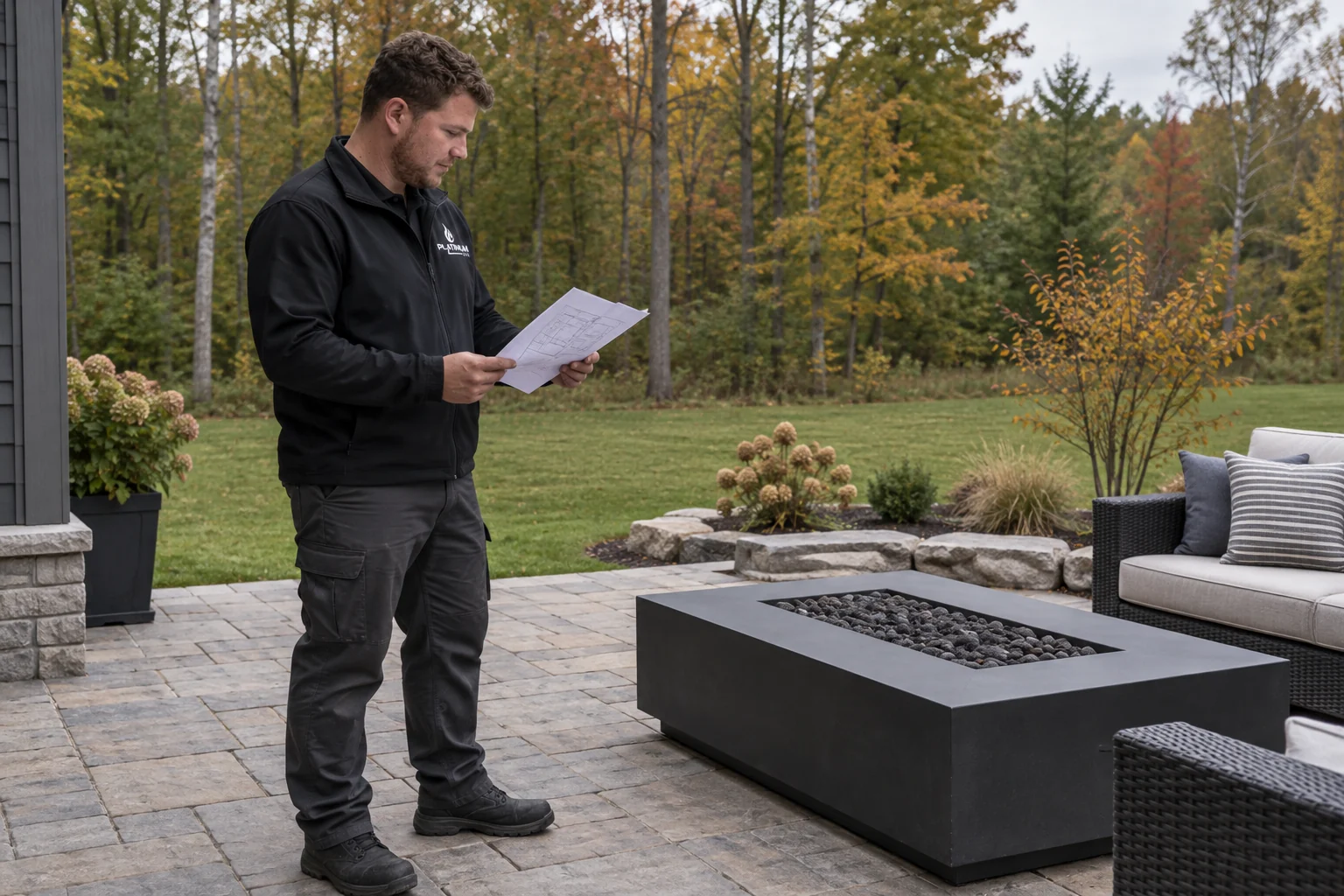 Reilly reviewing plans beside an outdoor gas fire table