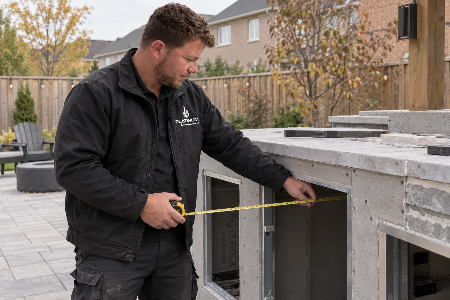 Reilly measuring an outdoor kitchen cabinet opening before gas-line planning