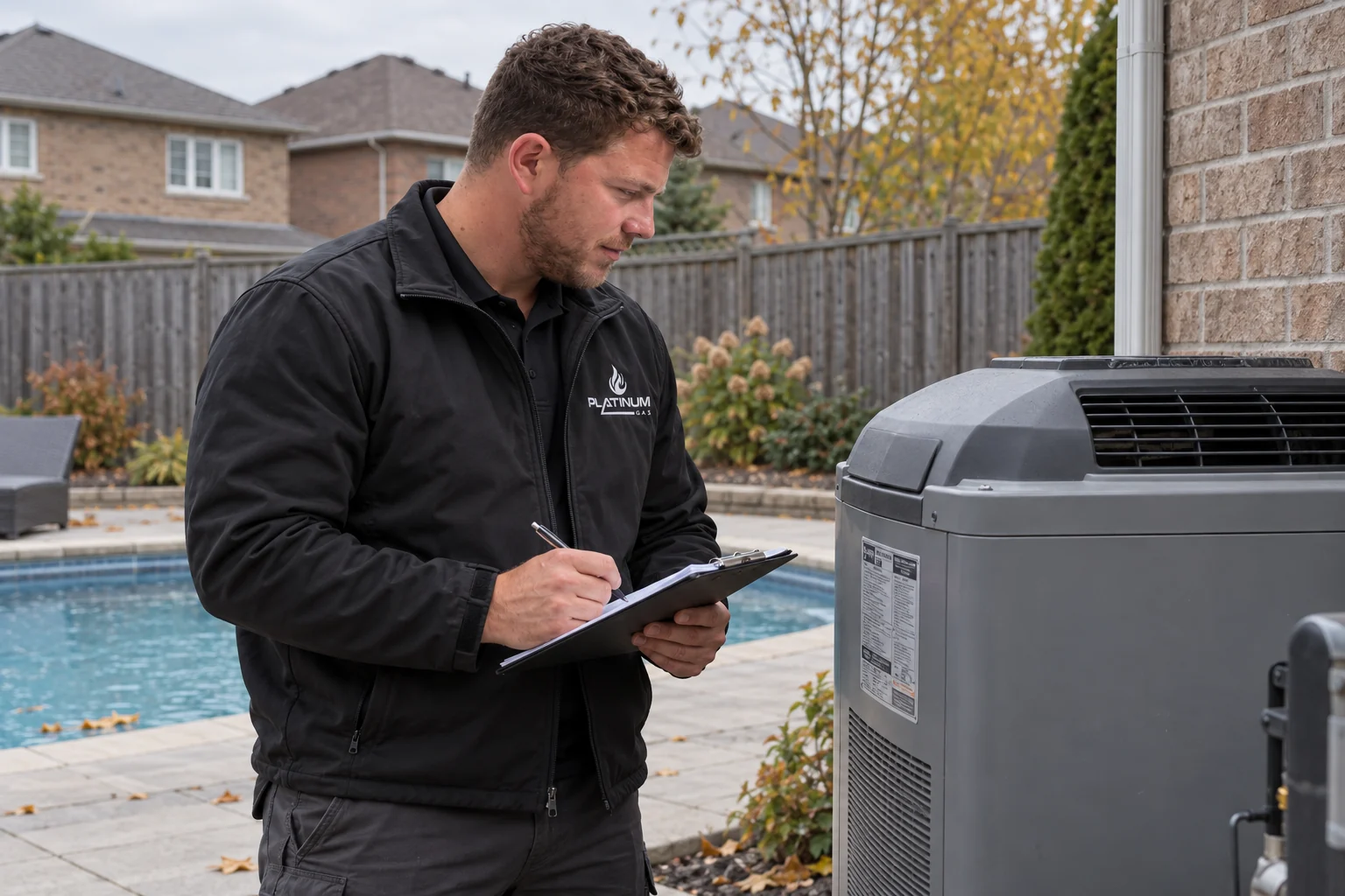 Reilly reviewing the space around a pool heater