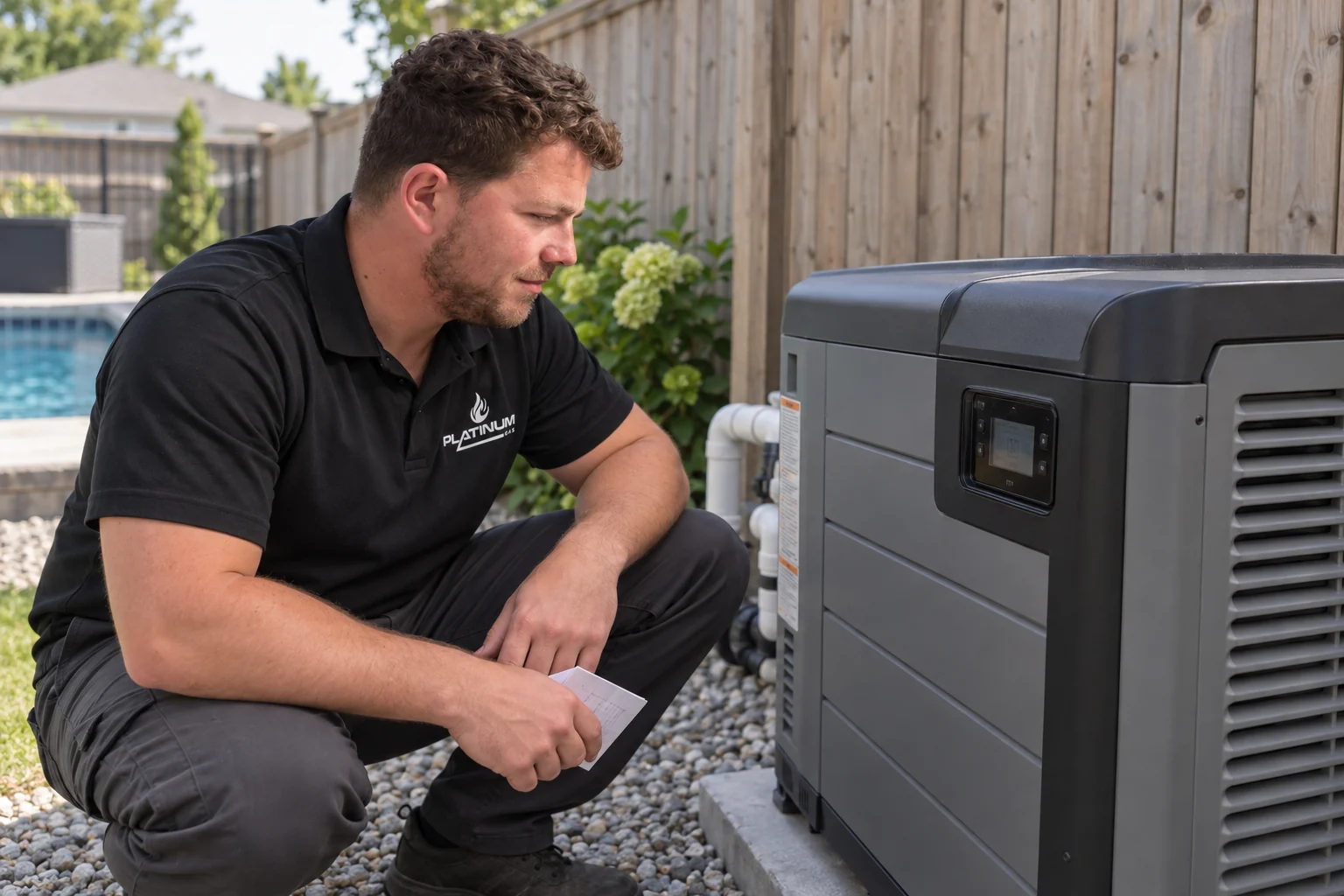 Reilly reviewing a pool-heater control display