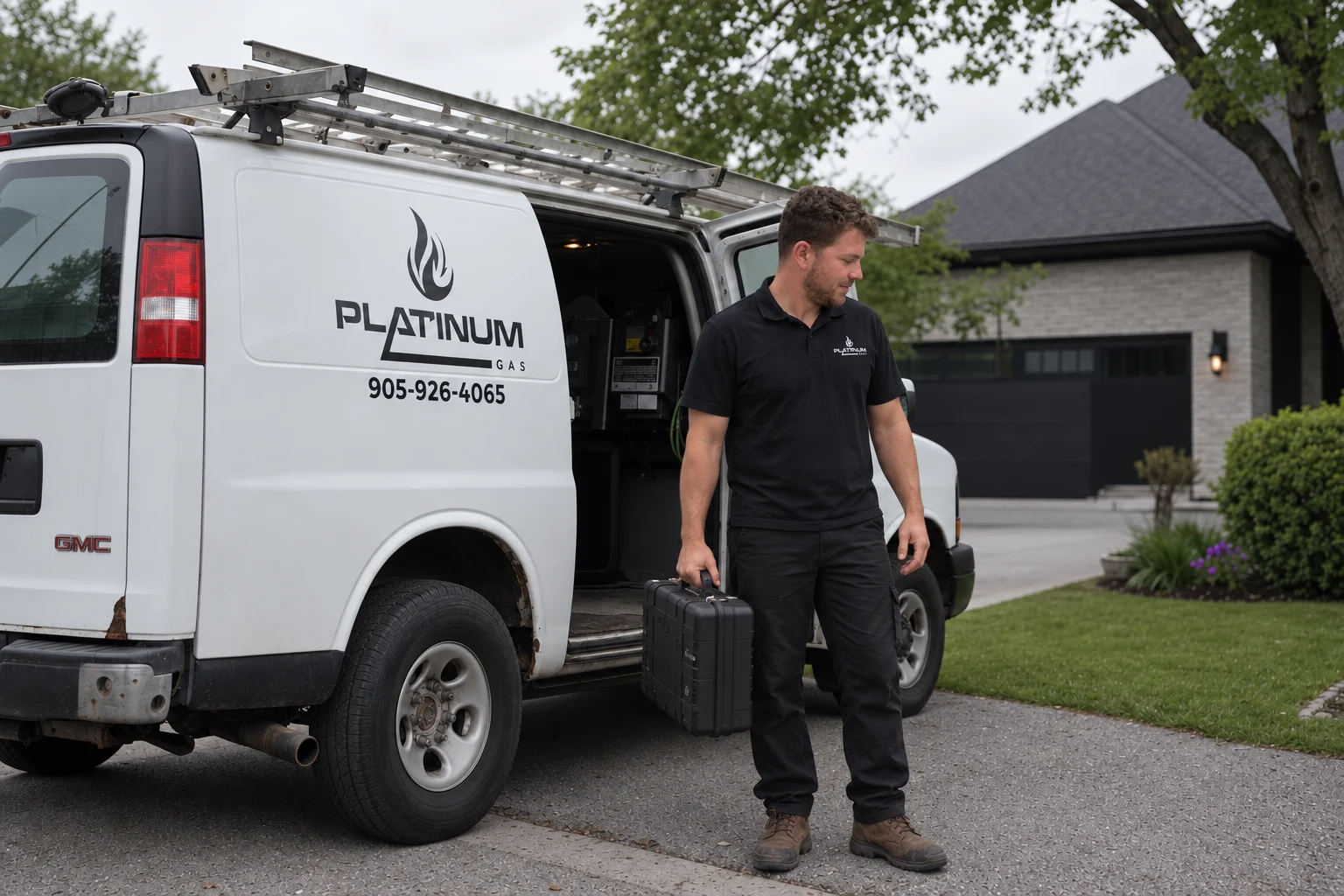 Reference-based image of Reilly beside the Platinum Gas service van with a tool case