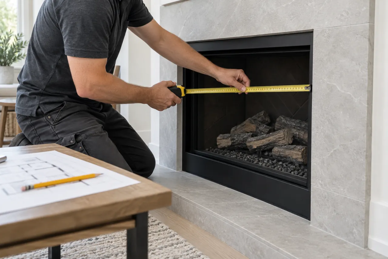 Illustrative fireplace preparation scene showing measurements before finishing work