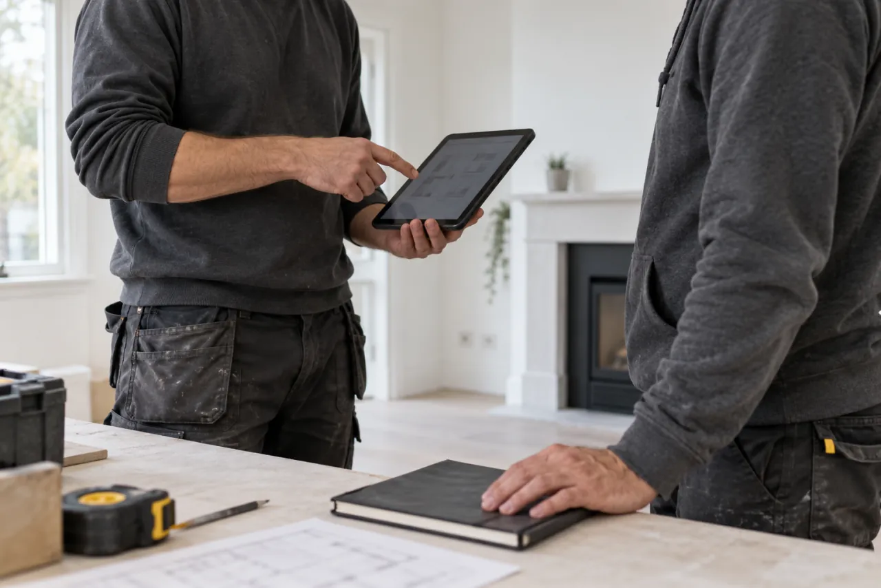 Illustrative job handoff with tradespeople reviewing project notes together