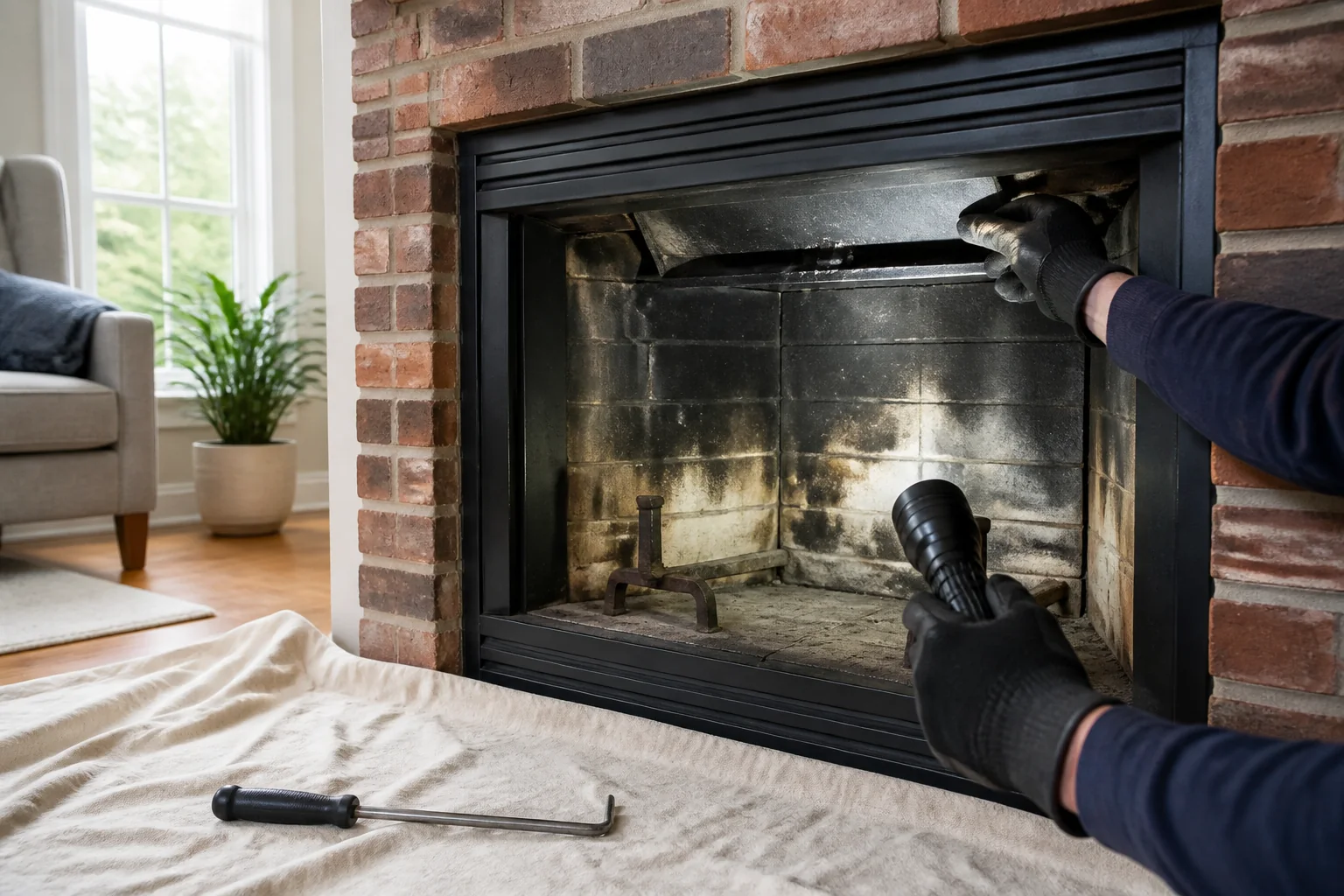 Unlit masonry firebox being reviewed with an inspection light