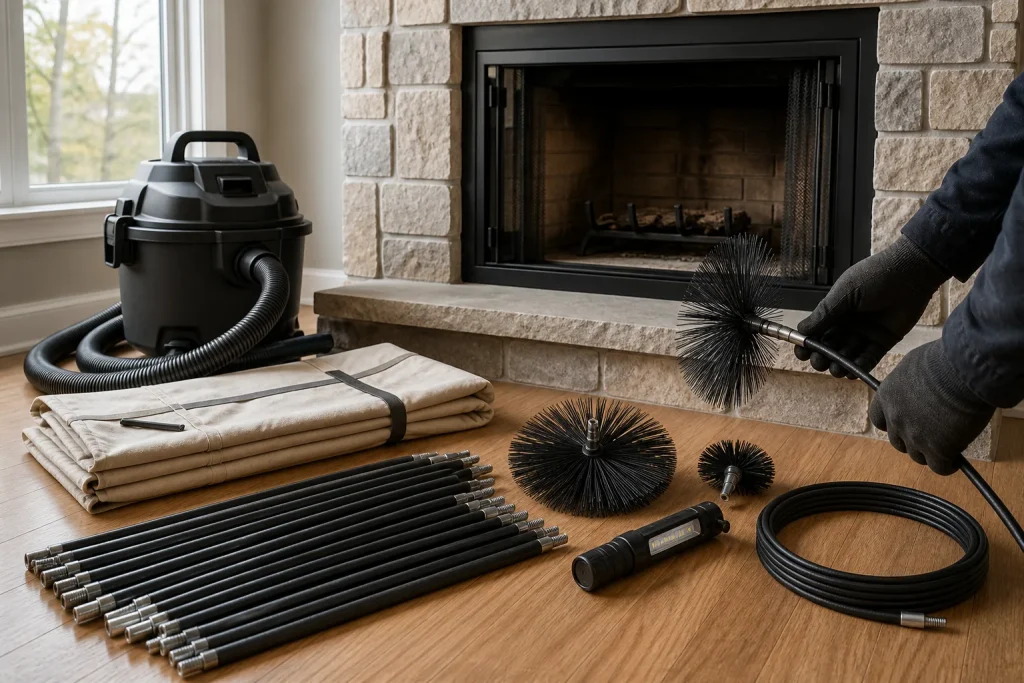 Chimney-sweeping tools and containment - Platinum Gas Professional chimney brushes, rods, filtered vacuum and floor protection beside a wood-burning fireplace