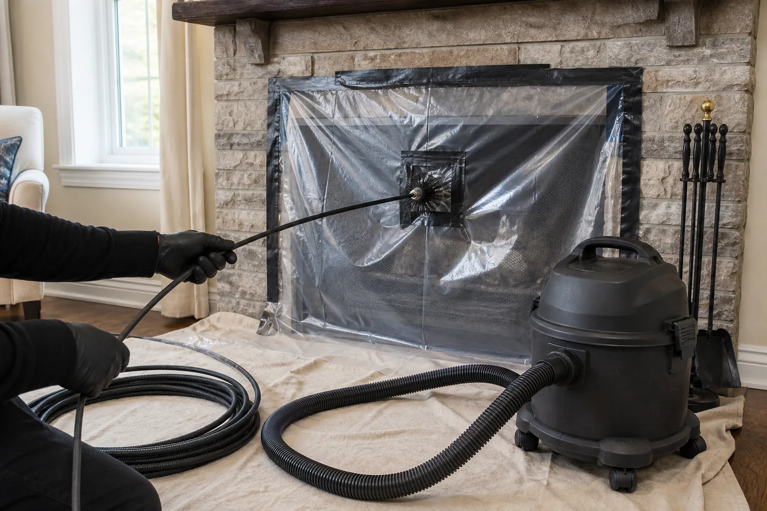 Protected wood-burning fireplace with a contained chimney-sweeping setup