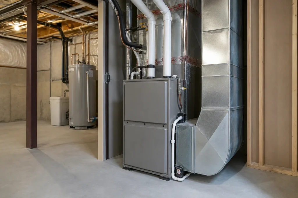 Residential gas furnace installation - Platinum Gas Modern residential gas furnace with accessible ductwork and venting