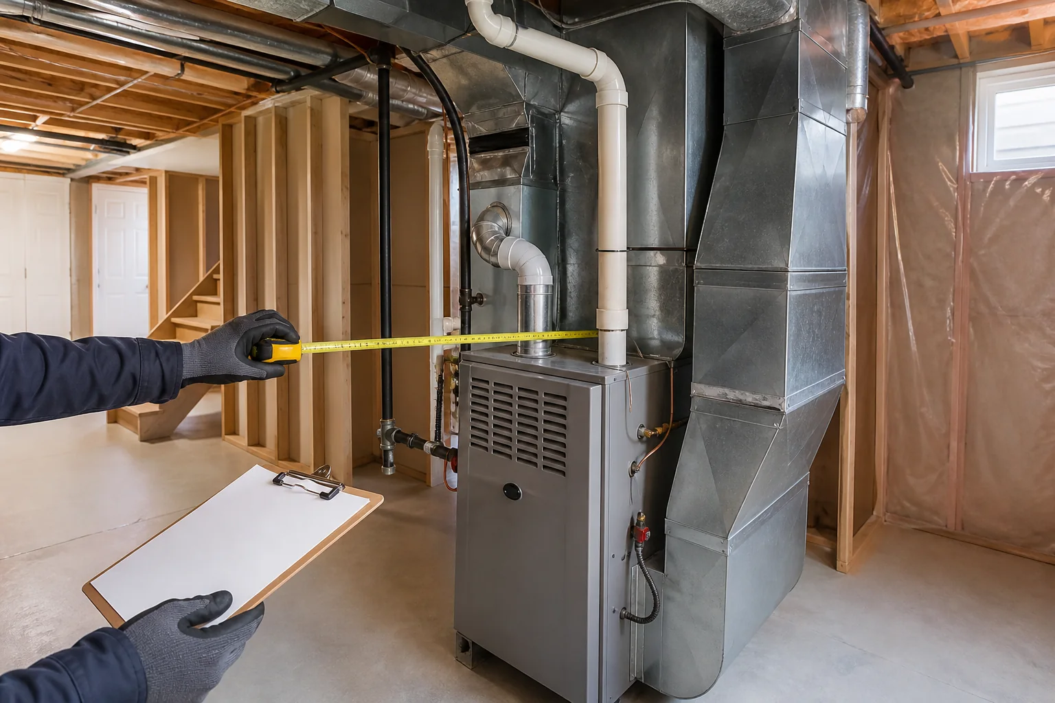 Measurements being taken around an existing furnace for replacement planning