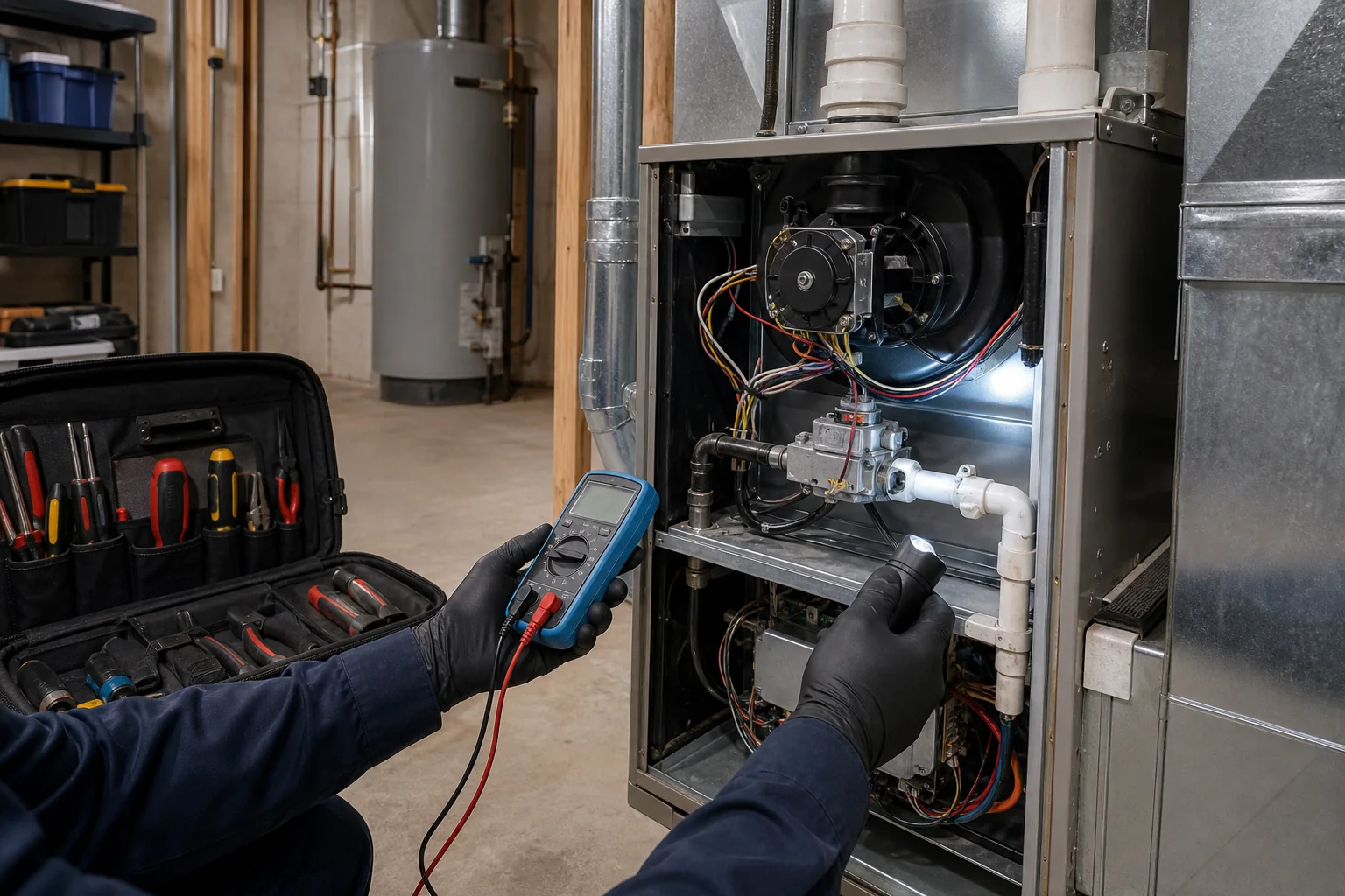 Professional diagnostic tools beside an open gas furnace panel