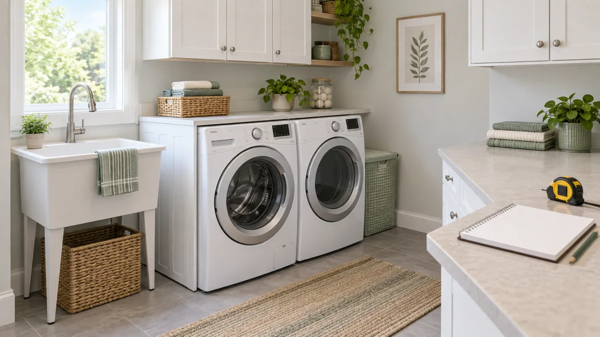 Illustrative laundry room with a washer, dryer and renovation planning notebook - Platinum Gas Illustrative laundry room with a washer, dryer and renovation planning notebook