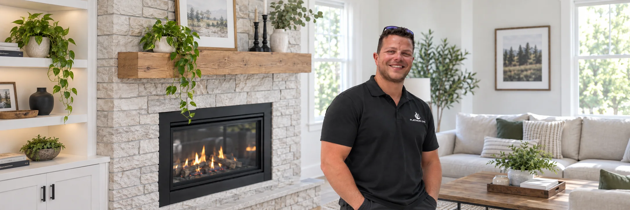 Reilly from Platinum Gas beside a gas fireplace